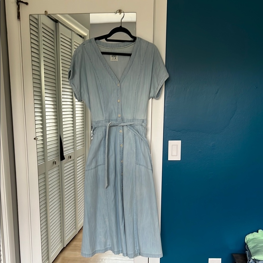 Light Blue Button-Front Midi Dress with Self-Tie Waist